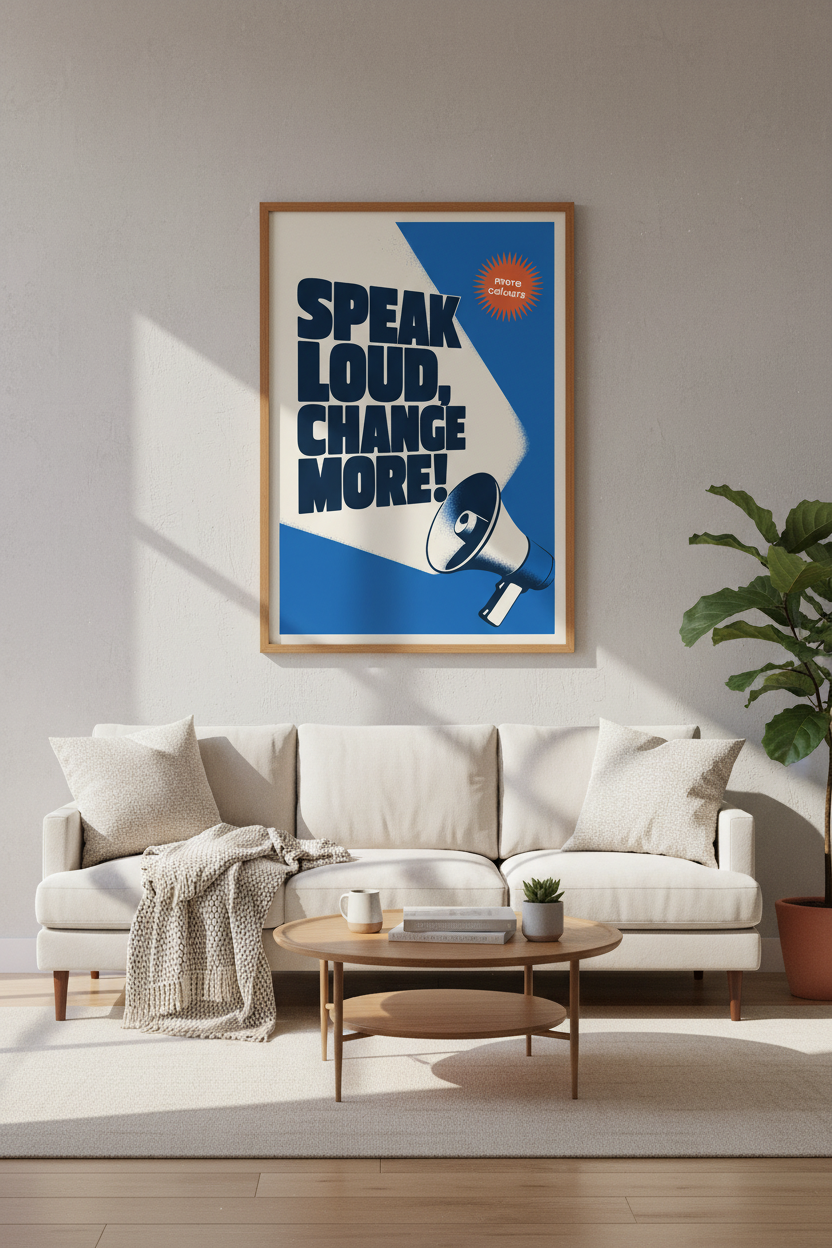 Speak Loud Change More Wall Art | Retro Blue Poster | Motivational Office Decor