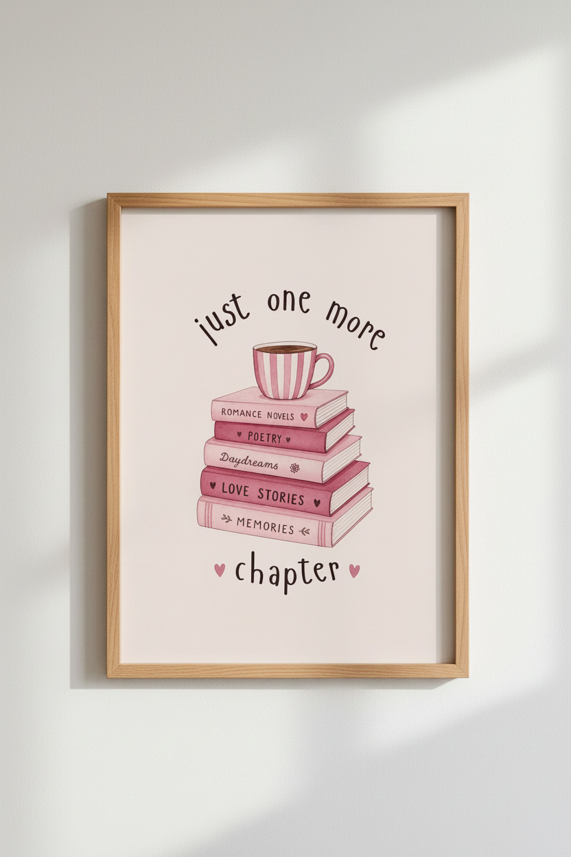 Bookish Stack Watercolor Wall Art | Reading Nook Decor | Pink Coquette Poster