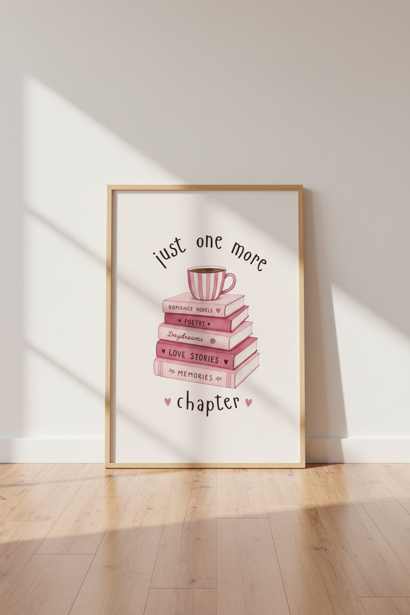 Bookish Stack Watercolor Wall Art | Reading Nook Decor | Pink Coquette Poster