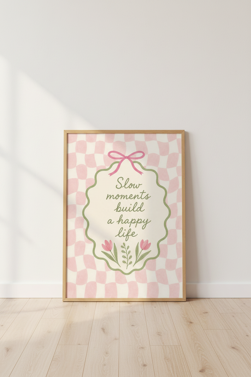Slow Moments Life Quote Wall Art | Pink Bow Checkered Poster | Coquette Room Decor