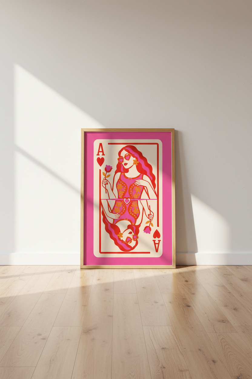 Retro Queen of Hearts Wall Art Print | Pink Preppy Dorm Decor | Girly Playing Card Poster