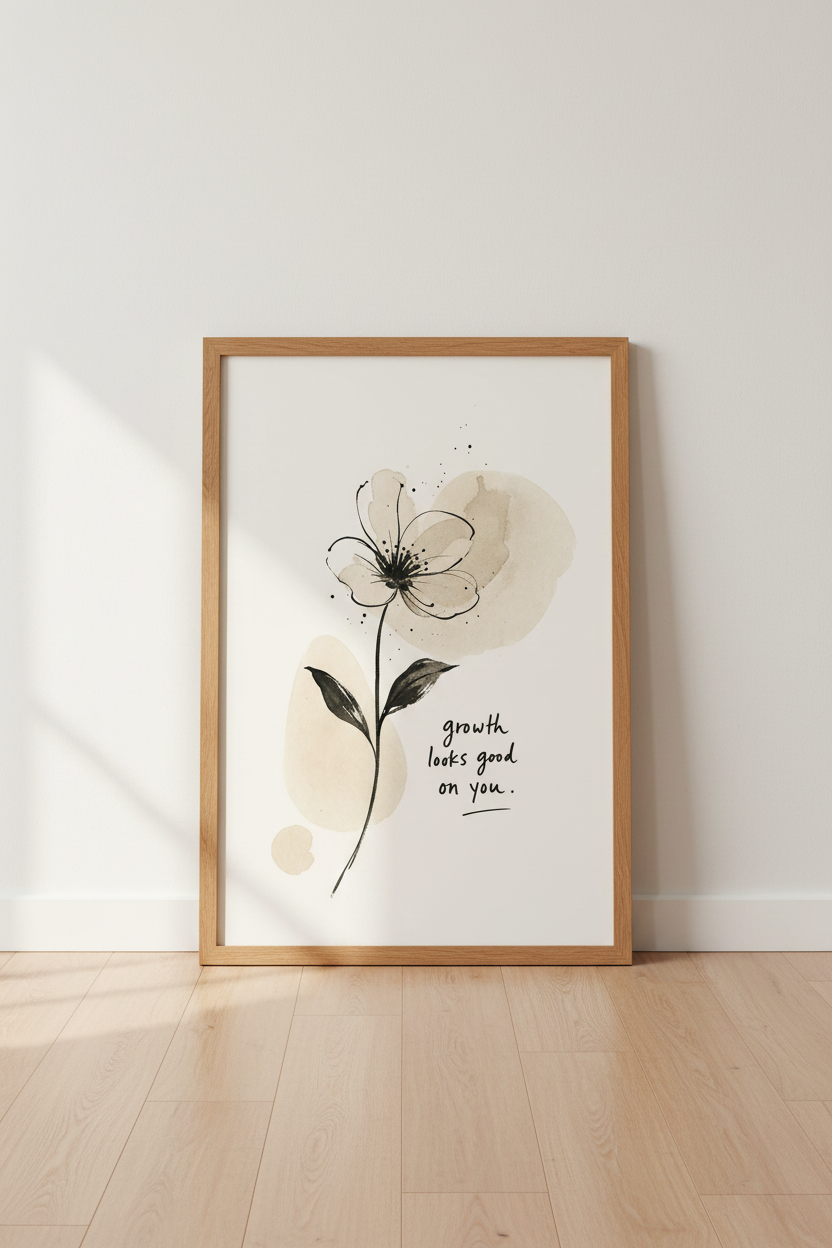 Floral Growth Quote Wall Art | Minimalist Ink Flower Print, Neutral Boho Decor