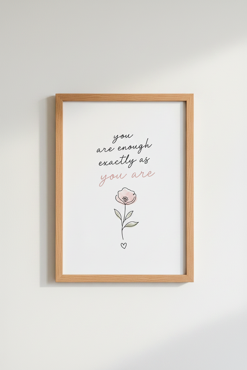 You Are Enough Quote Art | Minimalist Floral Blush Pink, Bedroom Wall Decor