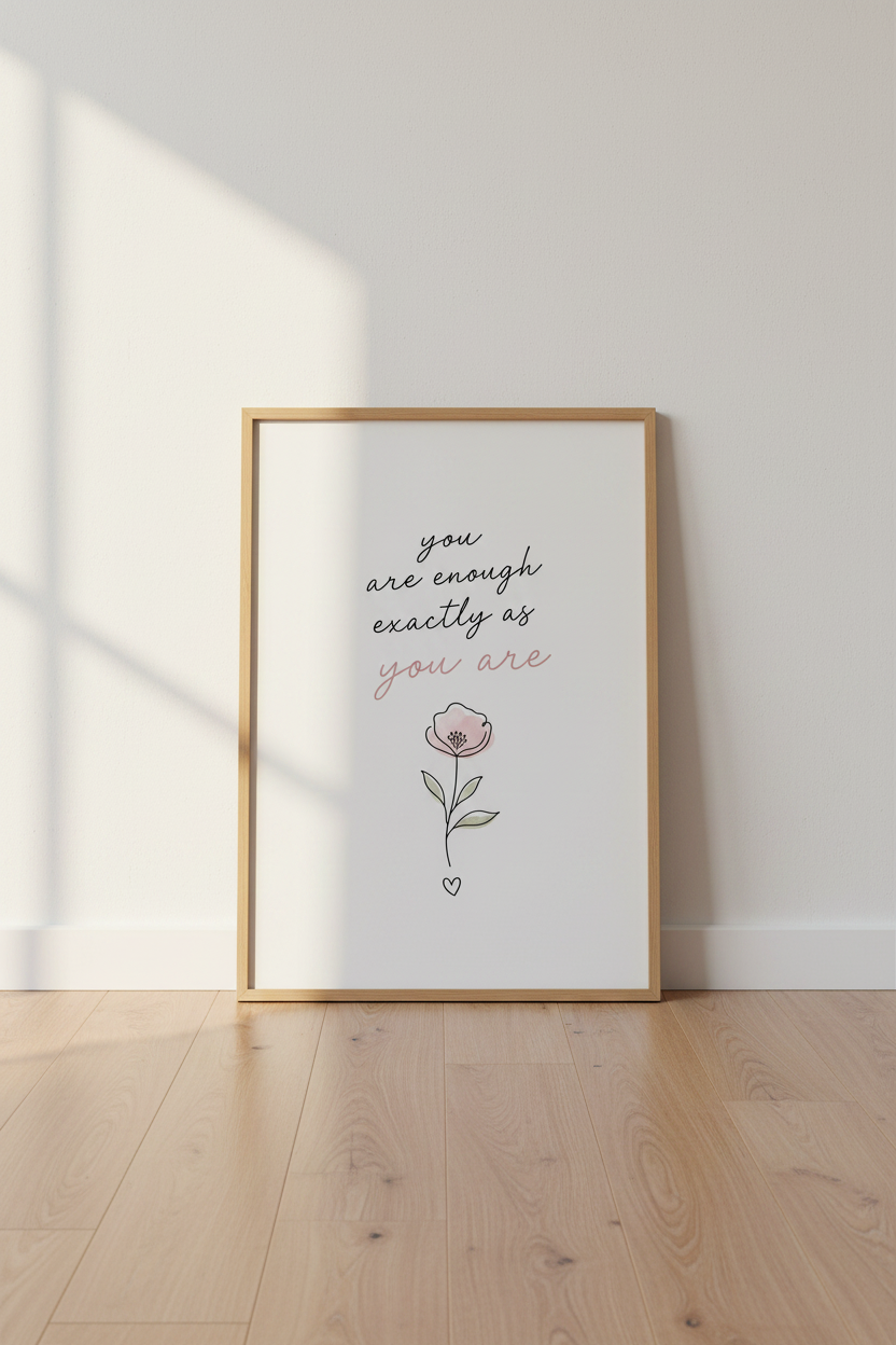 You Are Enough Quote Art | Minimalist Floral Blush Pink, Bedroom Wall Decor