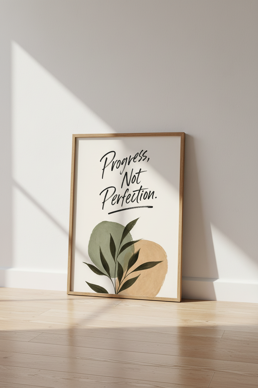 Progress Not Perfection Wall Art | Boho Botanical Print, Motivational Home Office Poster