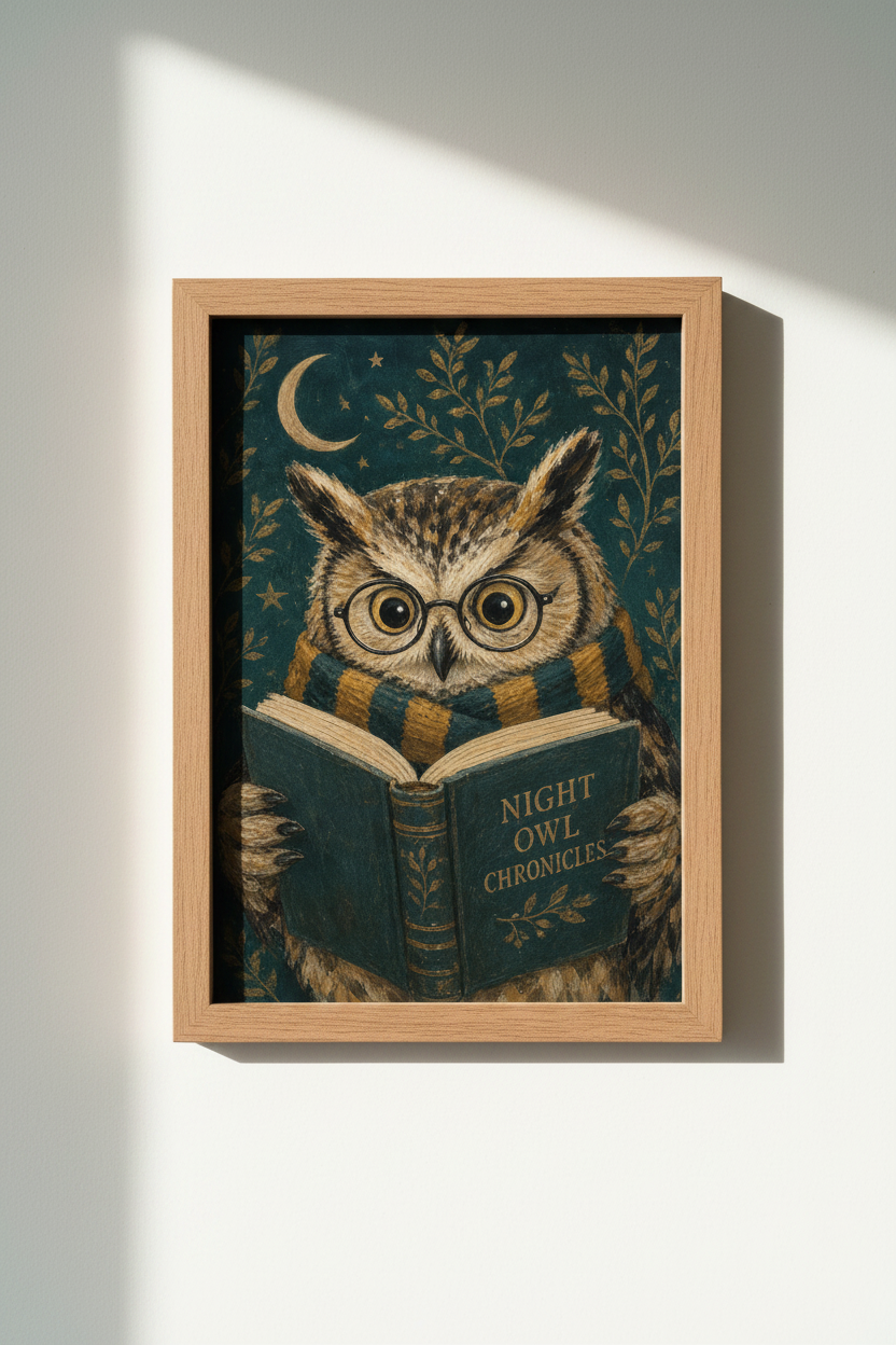 Dark Academia Owl Wall Art Print | Library Decor | Whimsical Wise Owl Poster
