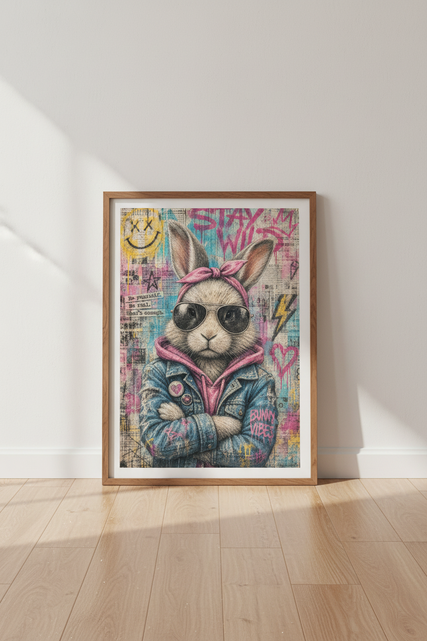 Urban Graffiti Bunny Art | Edgy Street Style Rabbit Print, Cool Teen Room Decor