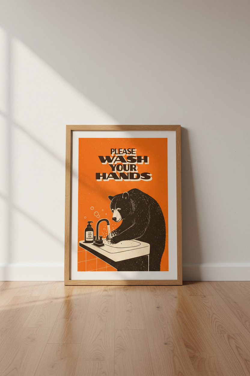 Wash Your Hands Bear Wall Art | Retro Orange Bathroom Decor | Funny Animal Poster