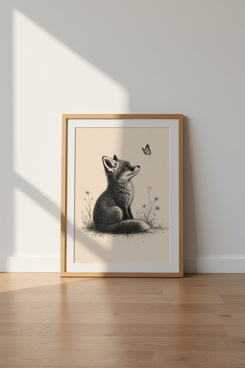 Fox and Butterfly Wall Art | Black Ink Illustration, Nursery & Kids Decor Poster