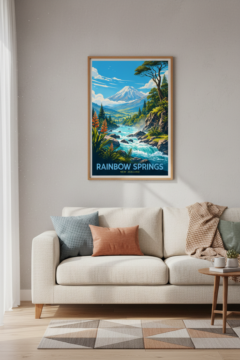 New Zealand Mountain Poster | Rainbow Springs Nature Print, Living Room Wall Art