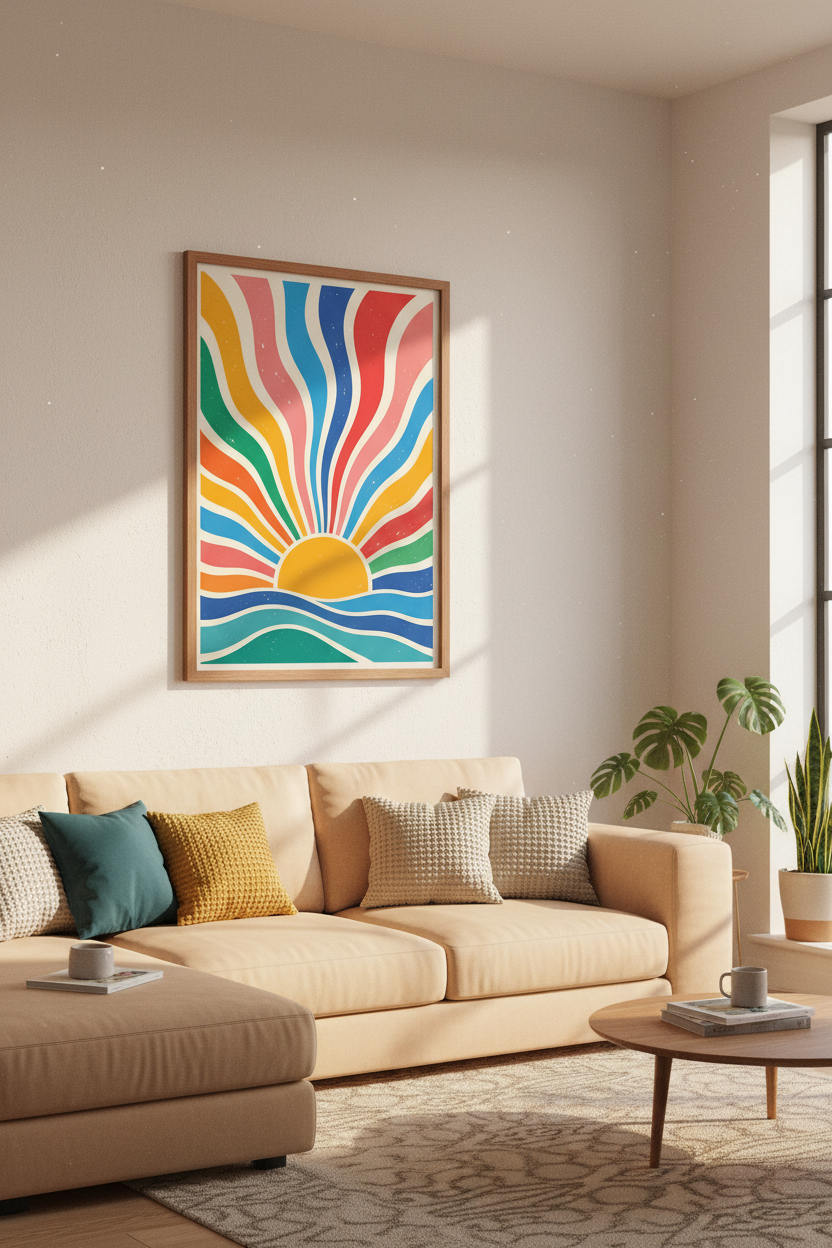 Retro Groovy Sunburst Wall Art | Colorful 70s Aesthetic, Living Room Decor