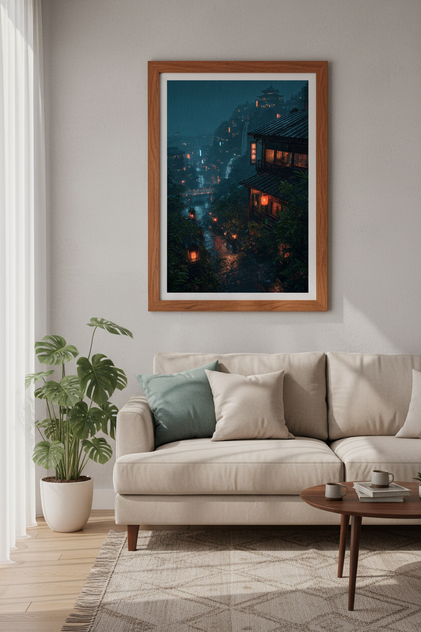Japanese Rainy Village Wall Art | Cyberpunk Night Poster | Lofi Aesthetic Decor