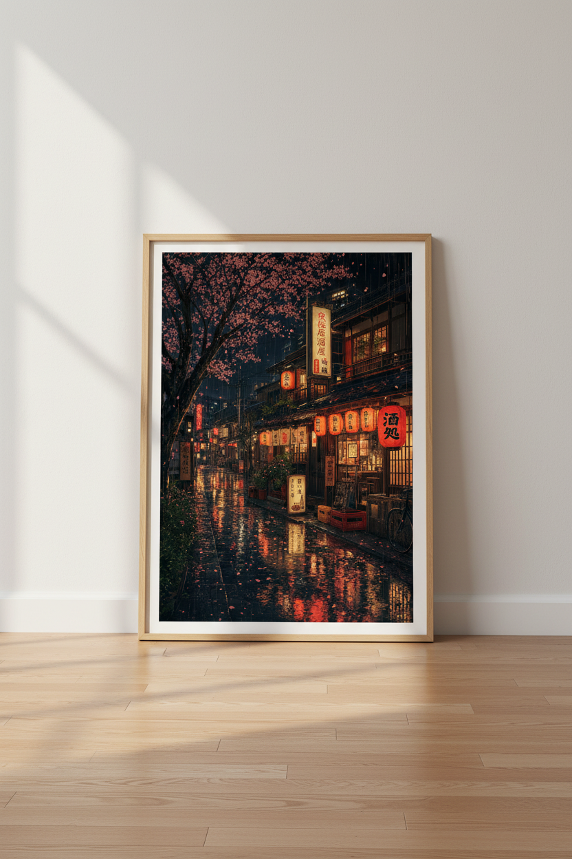 Rainy Japan Street Wall Art Print | Tokyo Night Decor | Cherry Blossom Poster