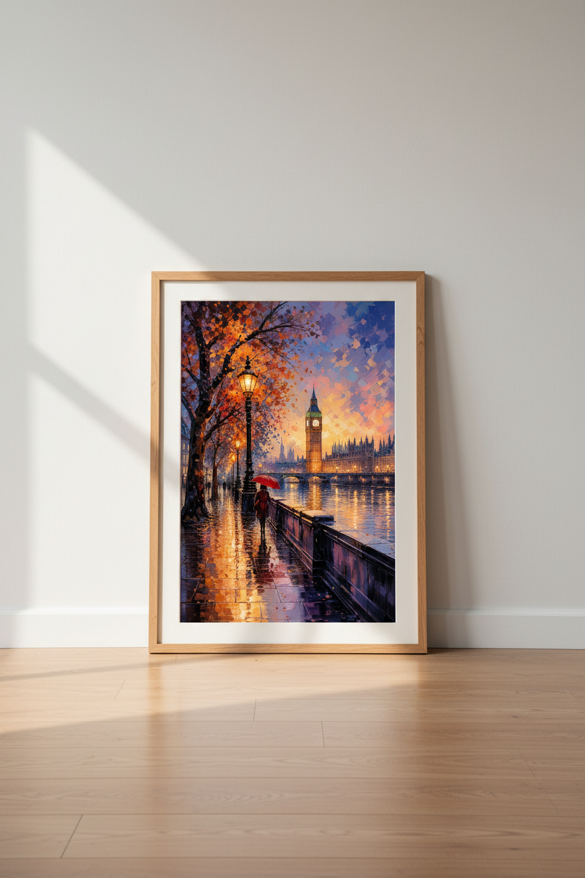 London Big Ben Wall Art | Oil Painting Style Sunset | Rainy City Poster