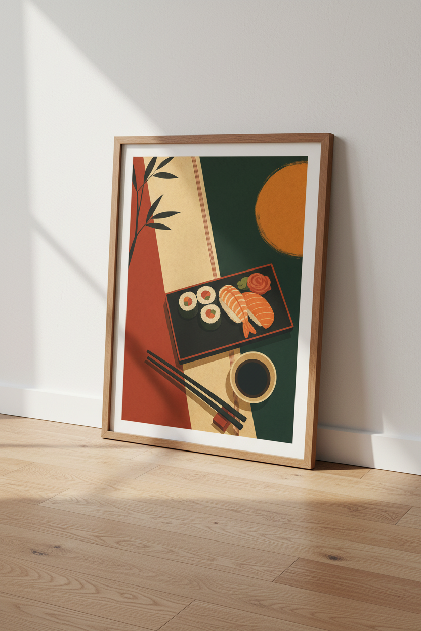 Japanese Sushi Platter Wall Art | Minimalist Foodie Poster, Kitchen Dining Decor