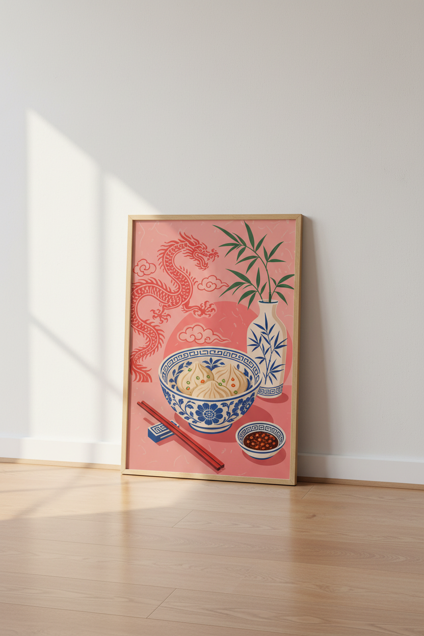 Chinese Food Wall Art Print | Pink Dragon & Dumplings | Modern Kitchen Decor