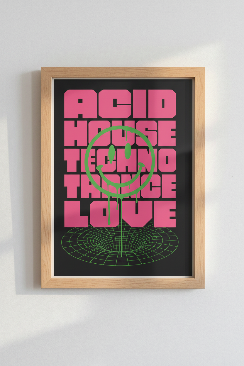 Acid House Techno Rave Wall Art | Pink & Green Melting Smiley | Bedroom Music Poster