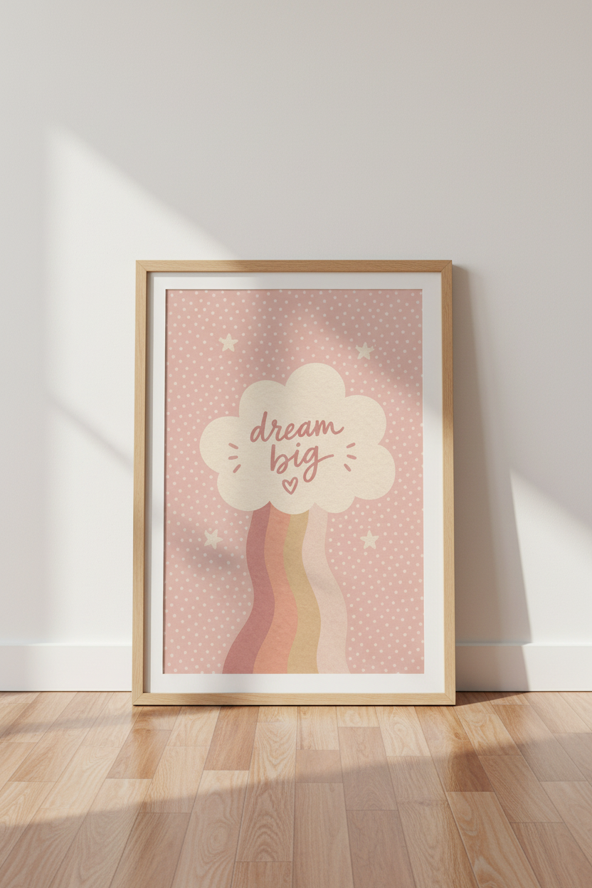 Dream Big Rainbow Cloud Wall Art | Pink Nursery Decor | Boho Kids Poster