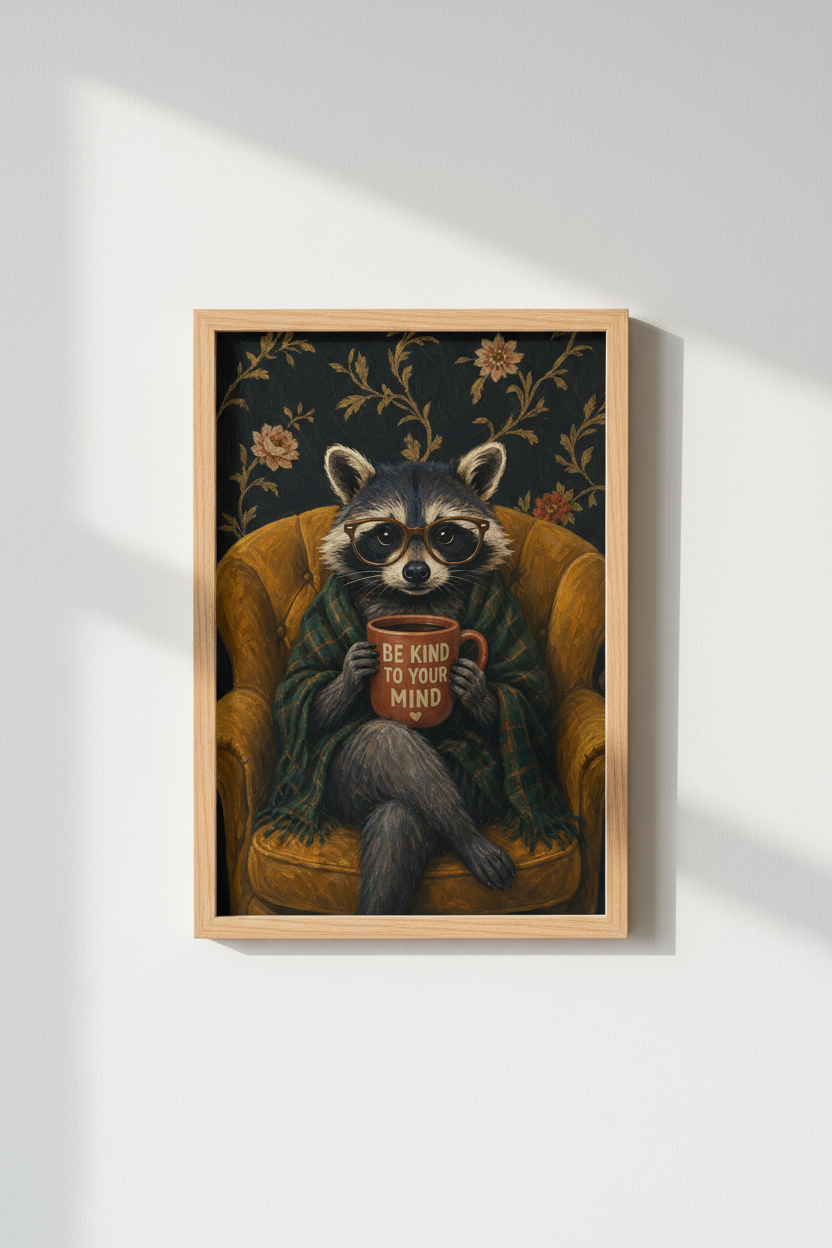 Moody Raccoon Wall Art Print | Dark Academia Decor, Mental Health Poster