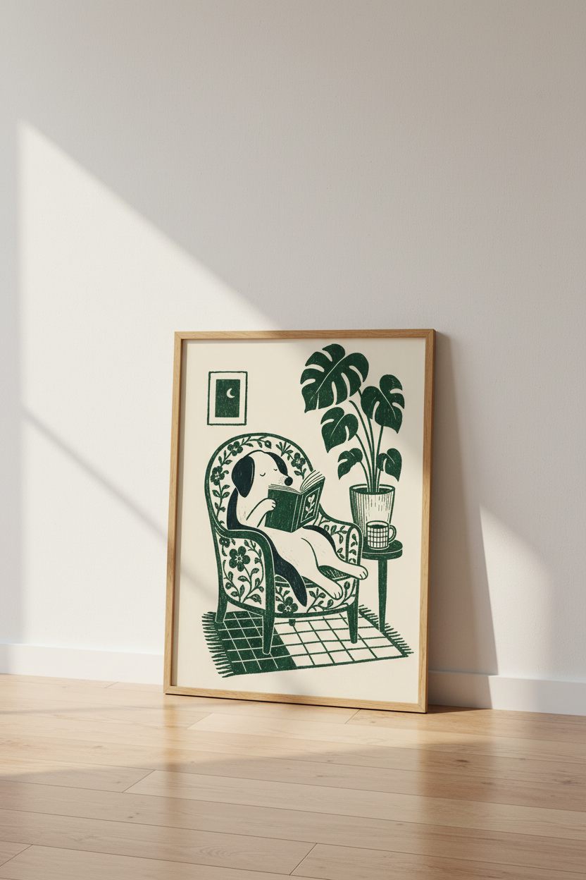 Reading Dog Wall Art | Forest Green Bookish Poster | Cozy Library Decor
