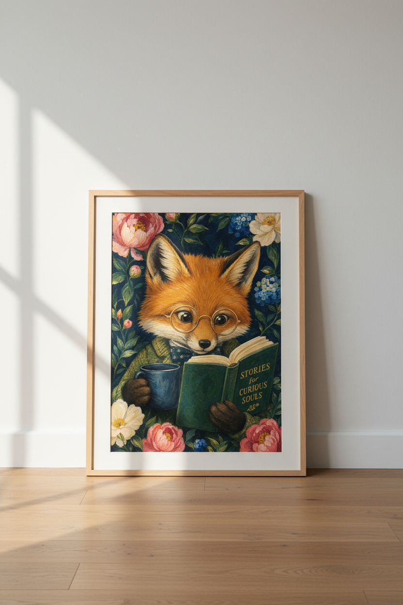 Whimsical Fox Art Print | Dark Academia Library Decor | Reading Fox Poster