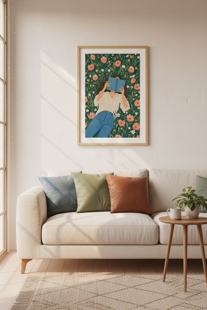 Girl Reading in Meadow Art | Botanical Book Lover Poster, Reading Nook Decor