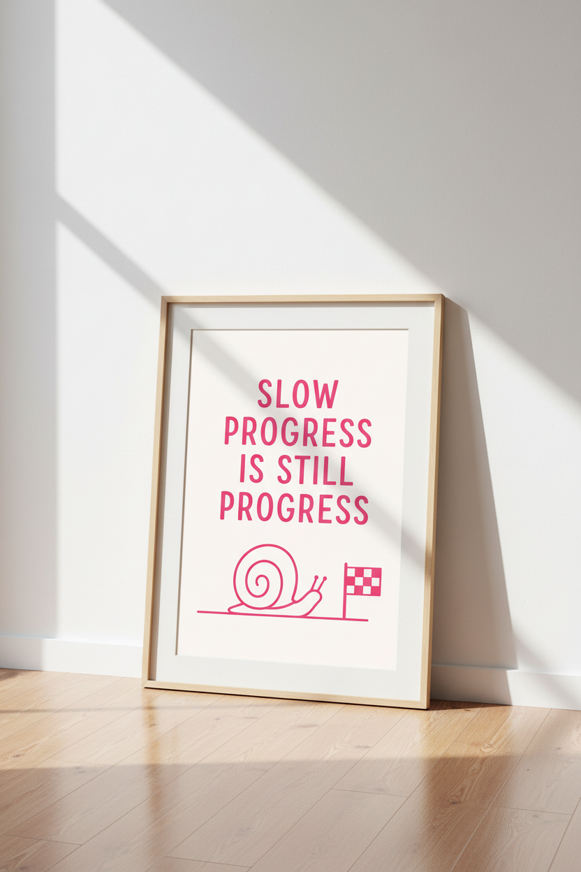 Slow Progress Snail | Pink Inspirational Quote Art, Office & Nursery Decor Poster