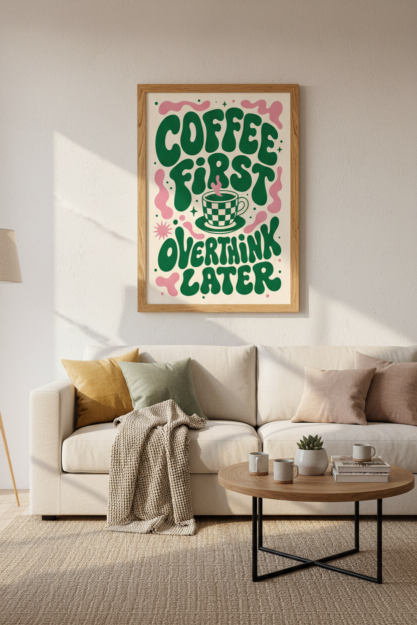 Coffee First Overthink Later Wall Art | Retro Green Pink Poster | Groovy Kitchen Decor