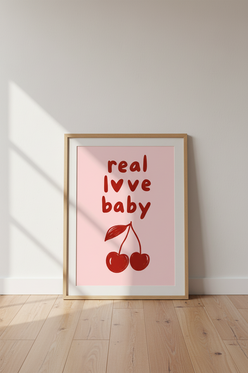 Real Love Baby Cherry Wall Art | Red and Pink Retro Decor | Coquette Aesthetic Poster