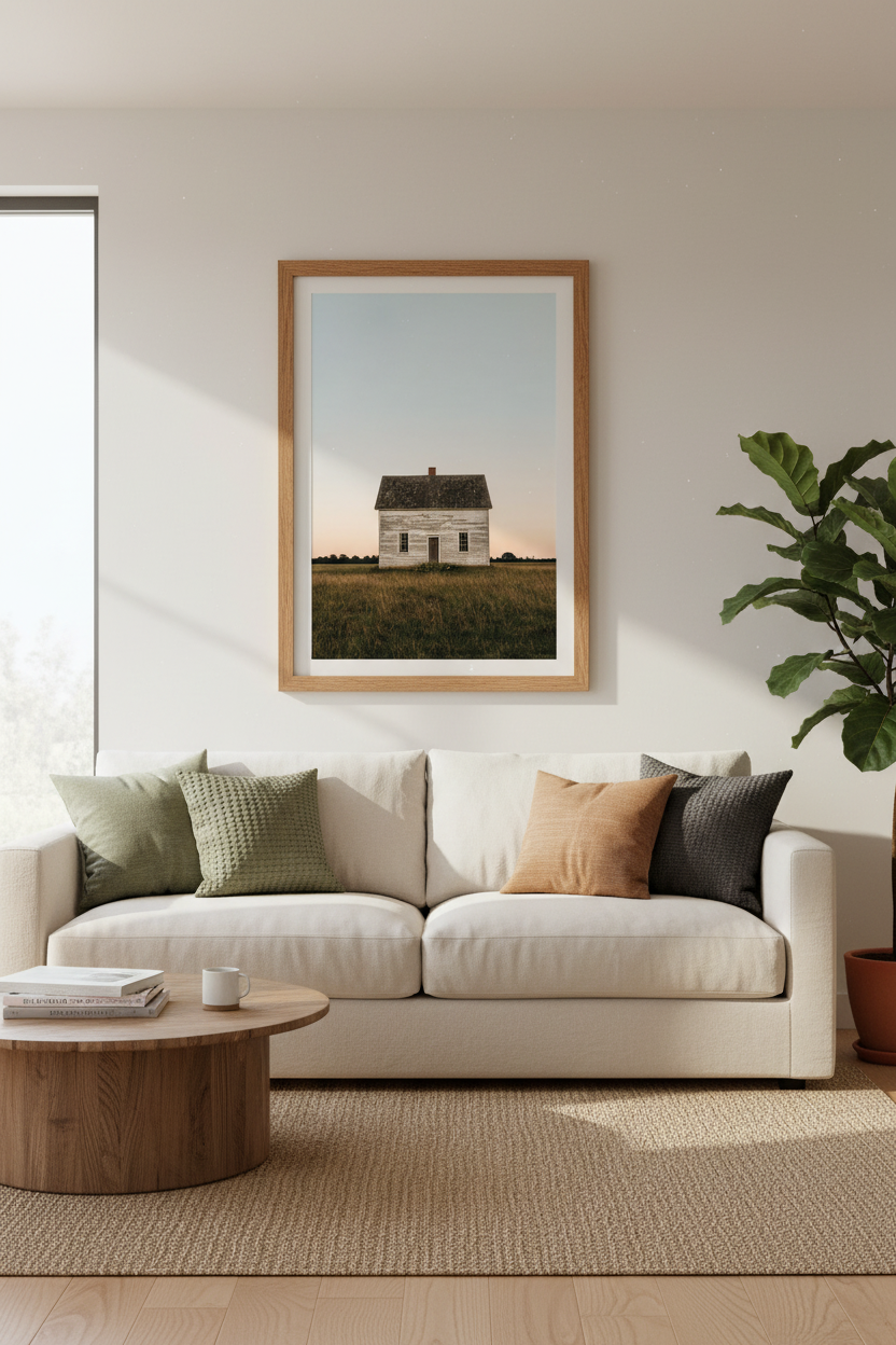 Rural Farmhouse Landscape | Minimalist Rustic Architecture, Neutral Sunset Poster Print