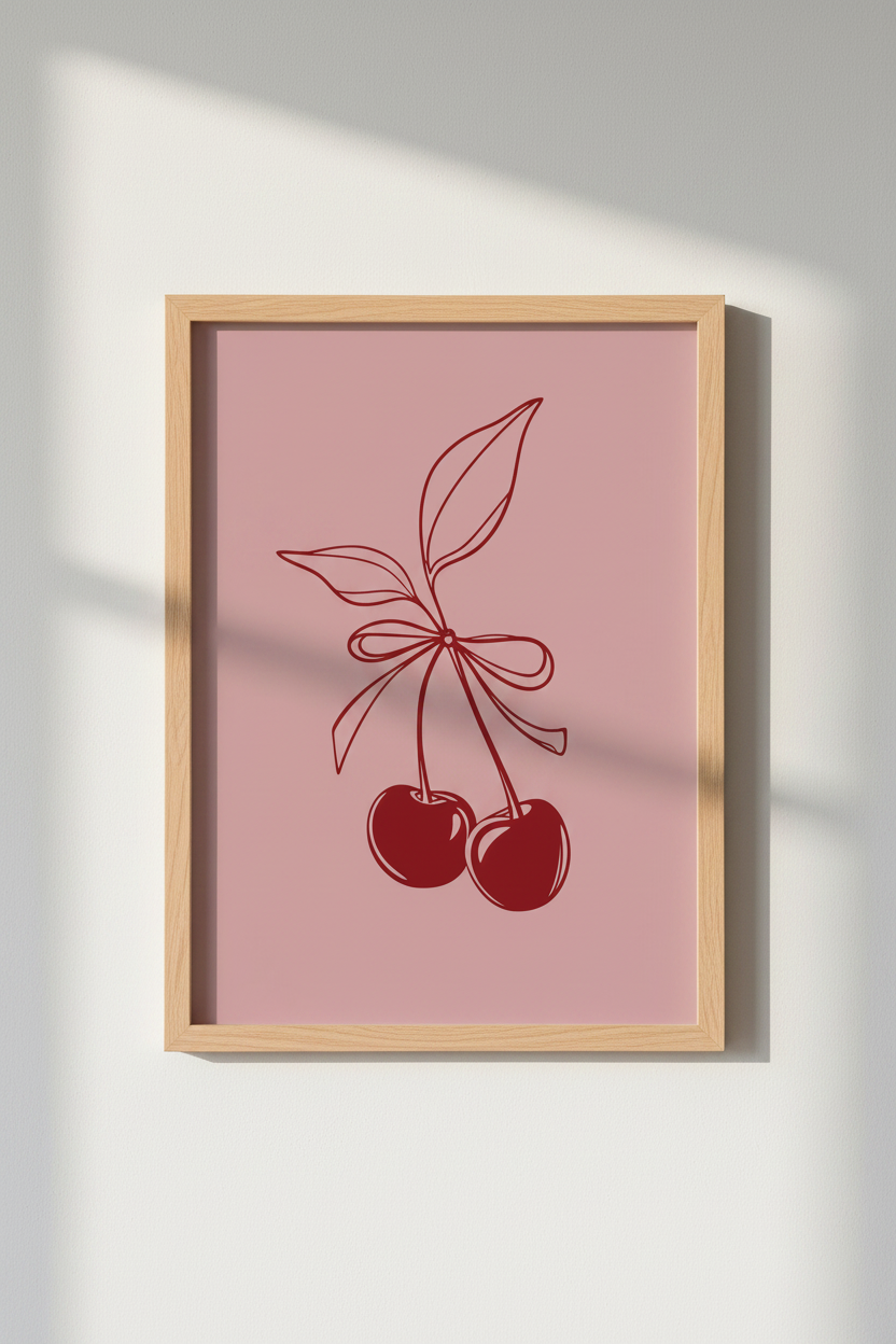 Coquette Cherry Bow Wall Art | Pink Minimalist Line Art, Bedroom Decor Poster