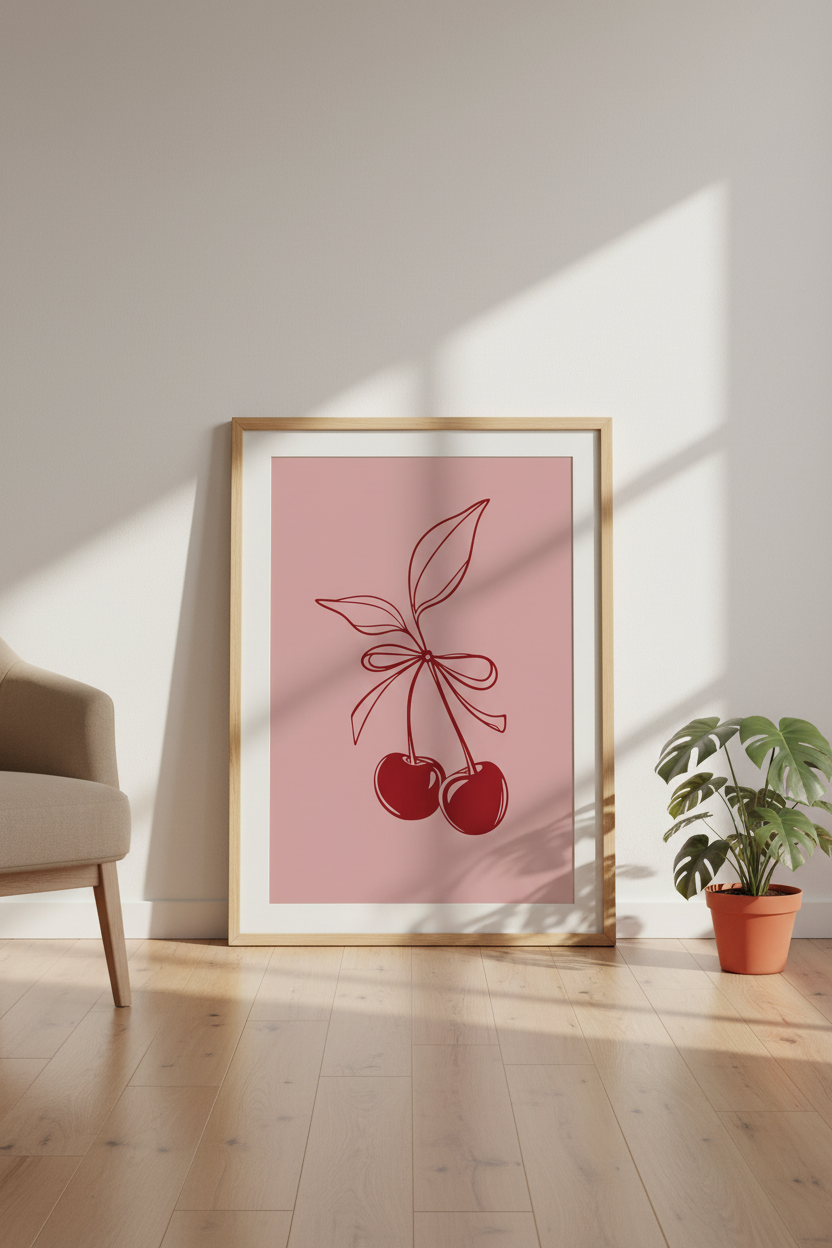 Coquette Cherry Bow Wall Art | Pink Minimalist Line Art, Bedroom Decor Poster