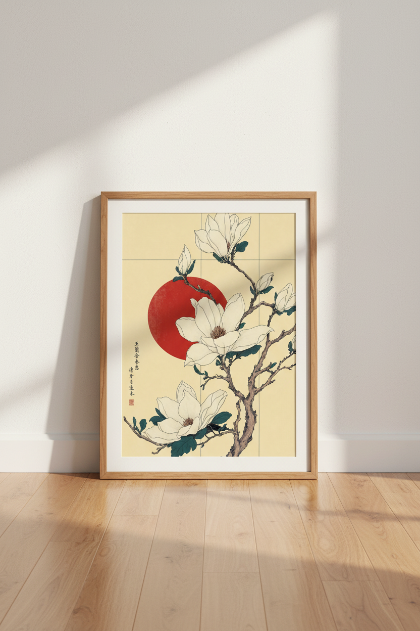 Japanese Magnolia Wall Art | White Floral Red Sun Poster, Zen Bedroom Decor