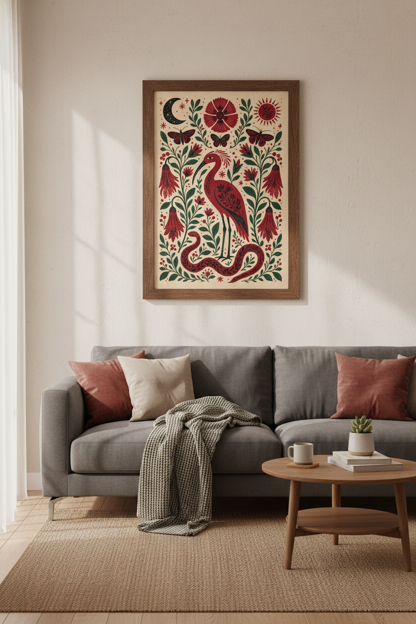 Folk Art Crane & Snake Wall Art | Red Botanical Decor | Mystical Nature Poster