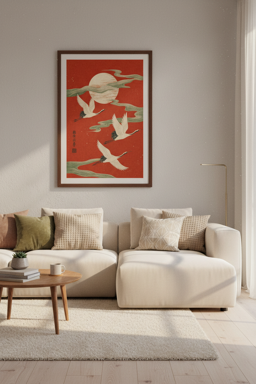 Japanese Crane Wall Art | Red Ukiyo-e Sun Poster, Zen Bedroom Decor