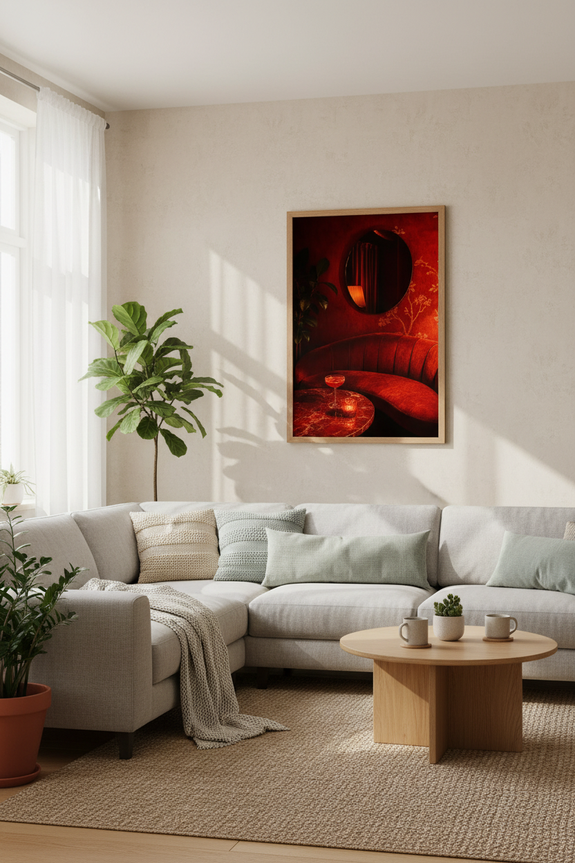 Red Lounge Cocktail Photography | Dark Moody Bar Decor, Maximalist Poster