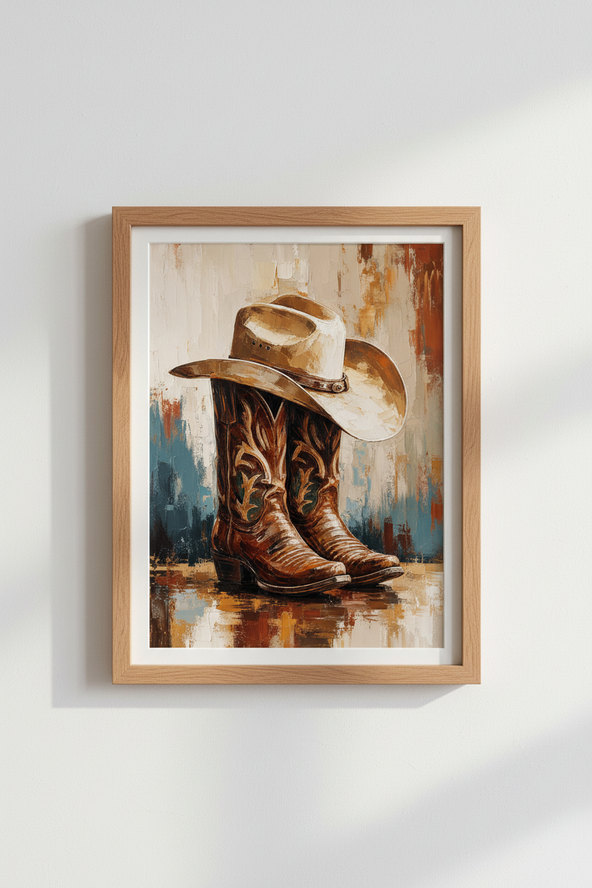 Western Rustic Wall Art | Cowboy Boots and Hat Poster, Country Home Decor