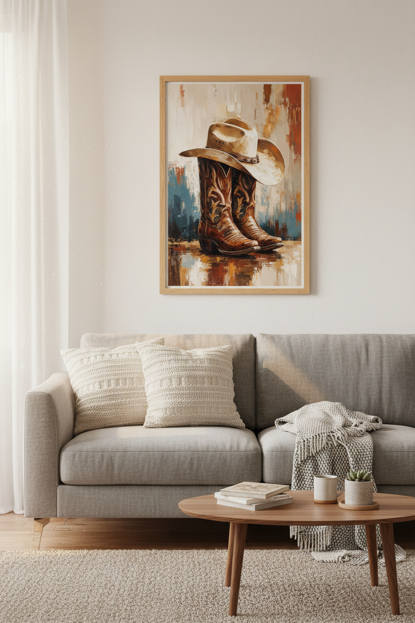 Western Rustic Wall Art | Cowboy Boots and Hat Poster, Country Home Decor