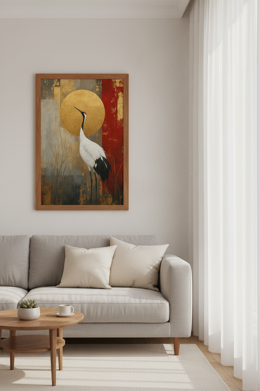 Japanese Crane Wall Art | Gold & Red Abstract Bird Decor | Zen Poster