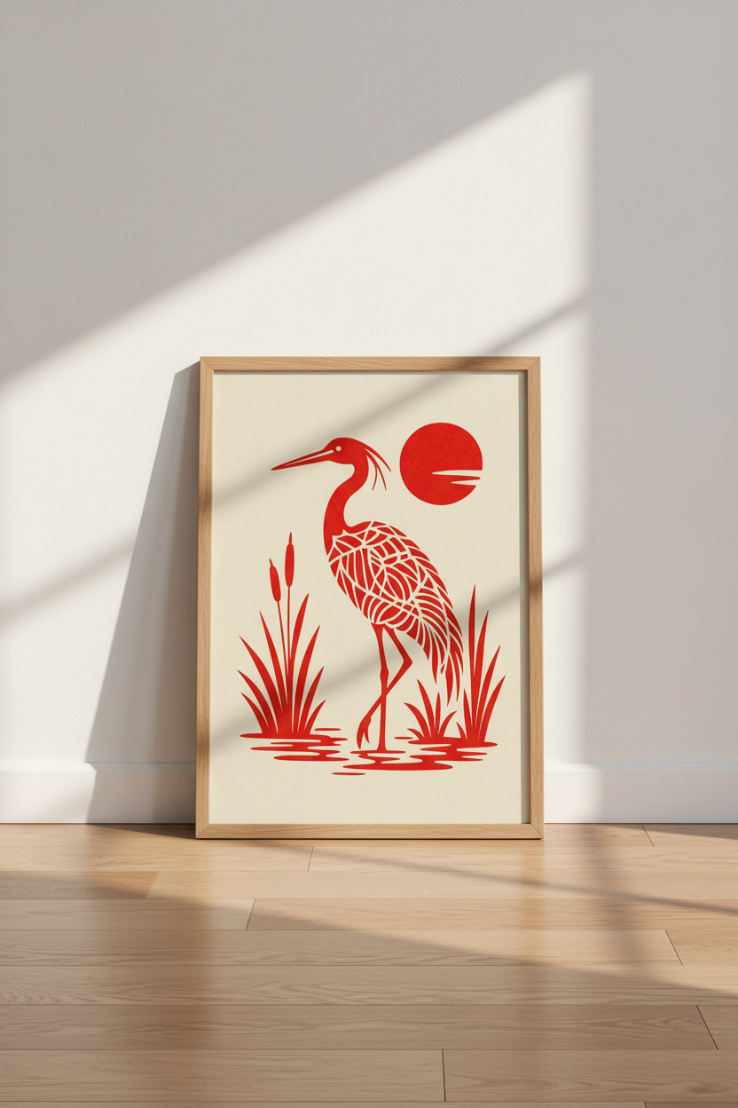 Red Crane Minimalist Wall Art | Japanese Style Bird Print, Japandi Living Room Decor