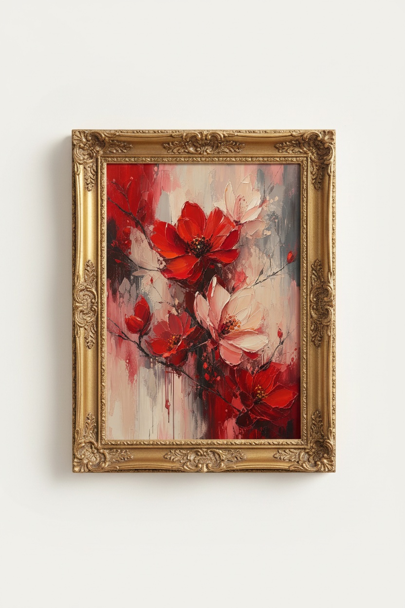 red floral wall art | abstract bloom tones | living room decor