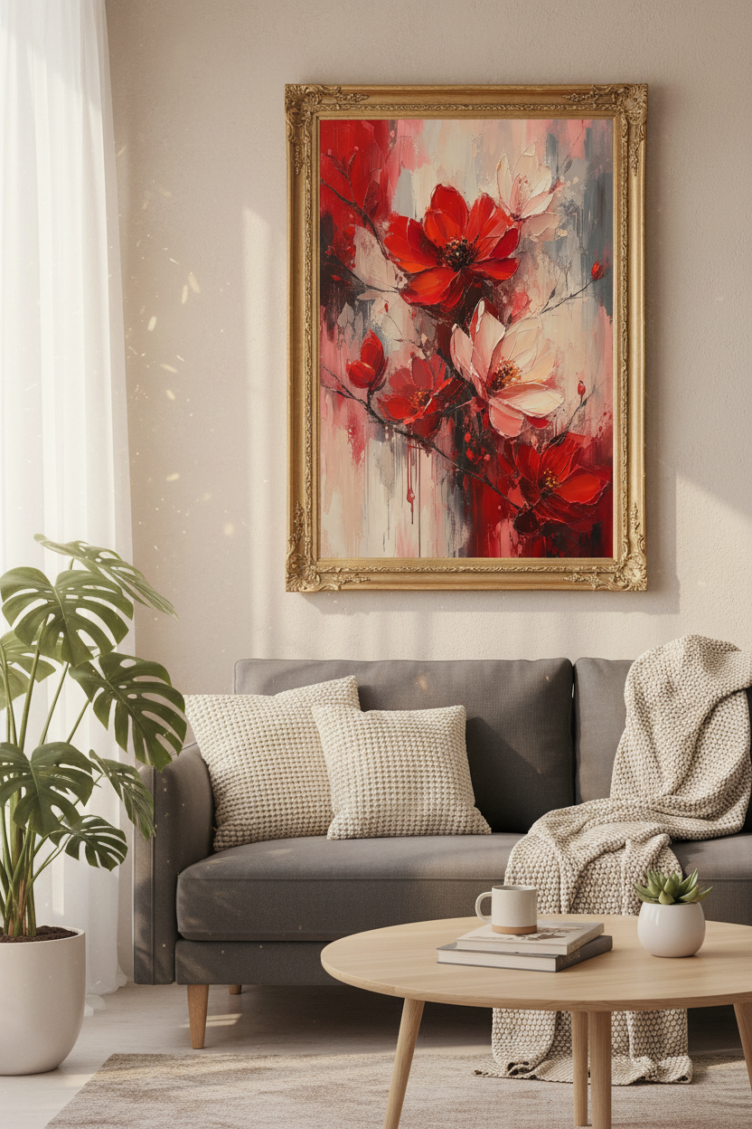 red floral wall art | abstract bloom tones | living room decor