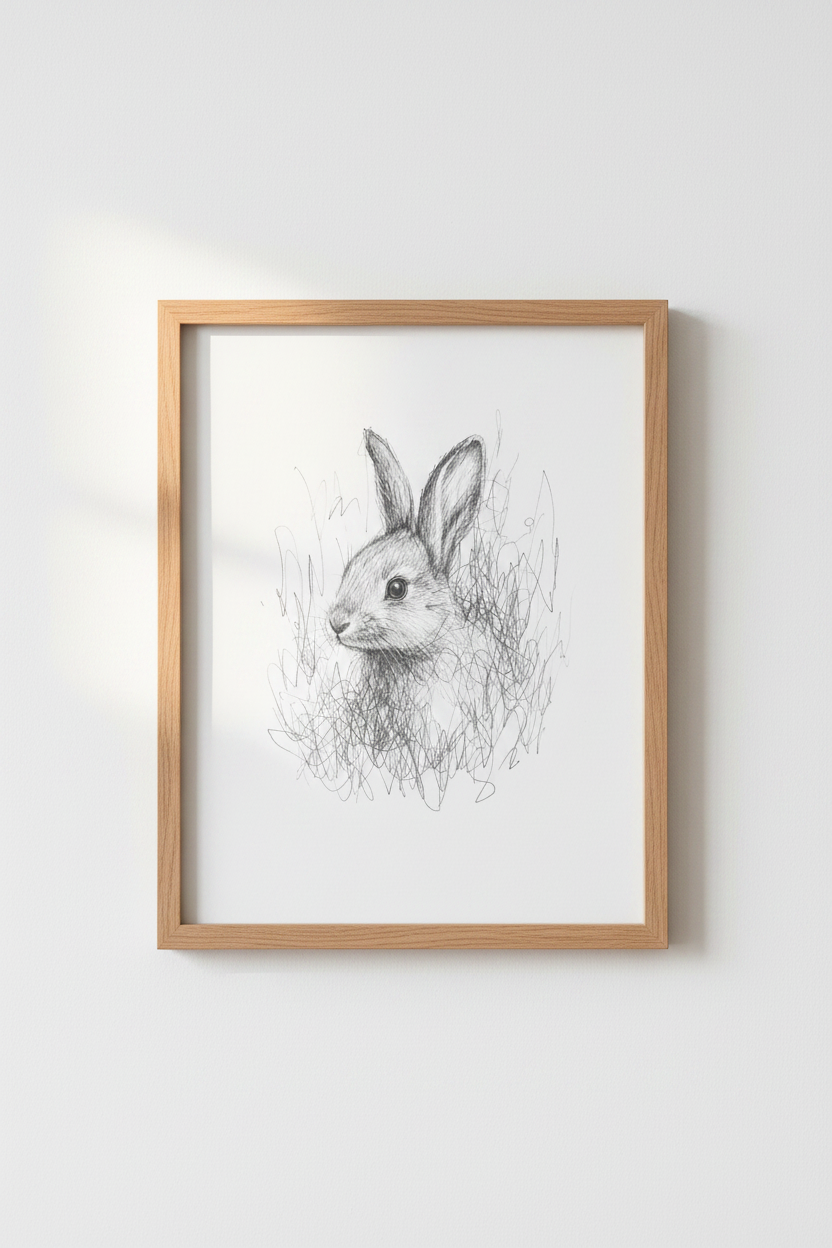 Rabbit Pencil Sketch Wall Art | Nursery Decor | Woodland Animal Poster