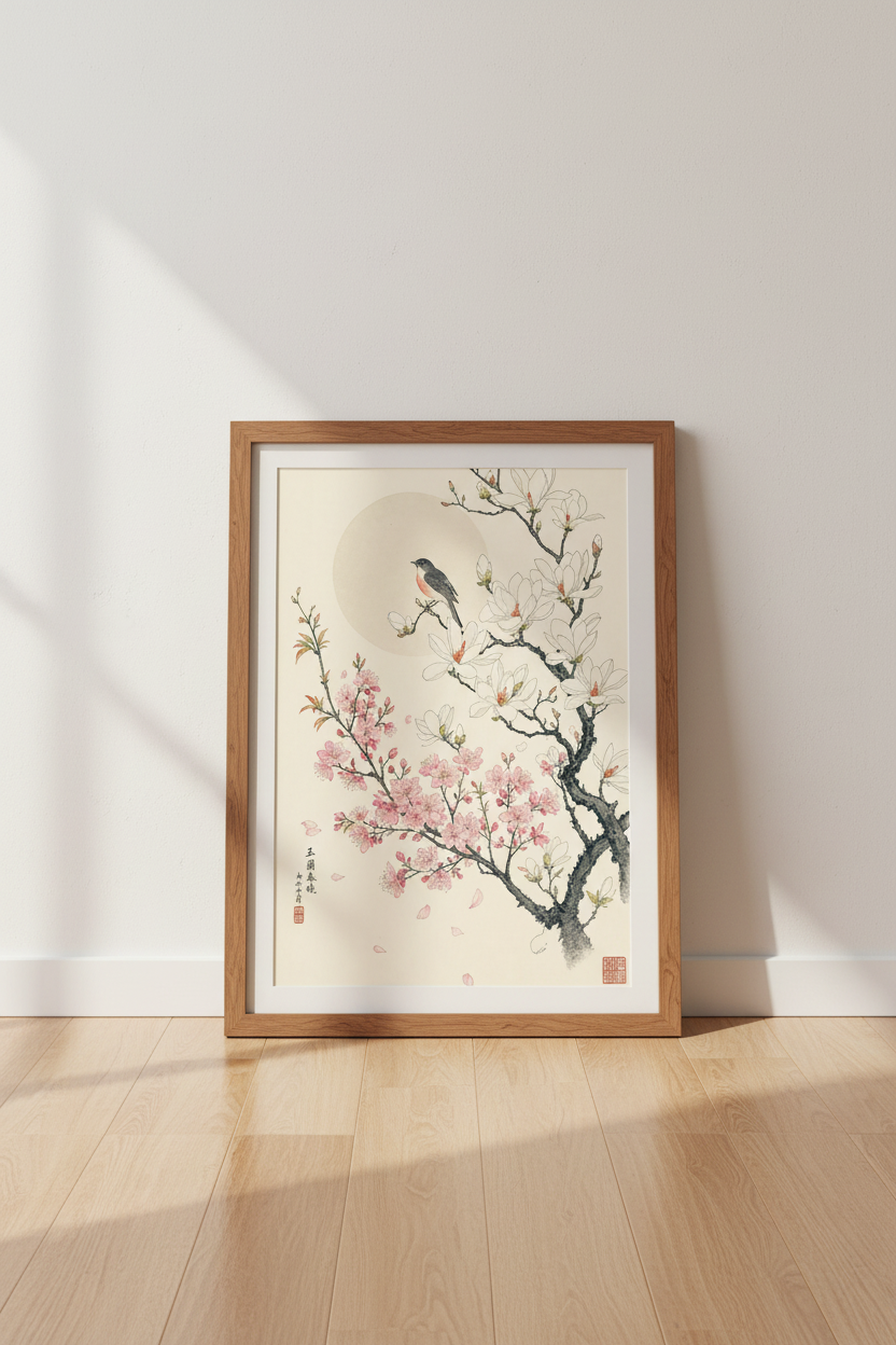 Japanese bird & Flower Wall Art | Zen Magnolia Decor | Pink Cherry Blossom Poster
