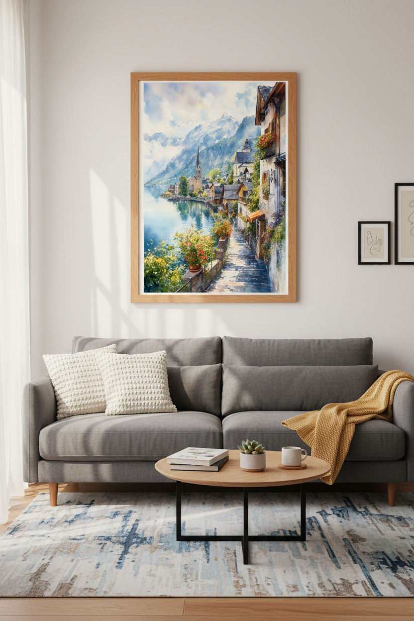 Hallstatt Village Watercolor Wall Art | Alpine Landscape Decor | European Travel Poster