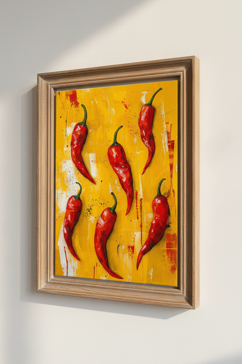 Red Chili Peppers Oil Painting | Kitchen Wall Art | Vibrant Yellow Poster