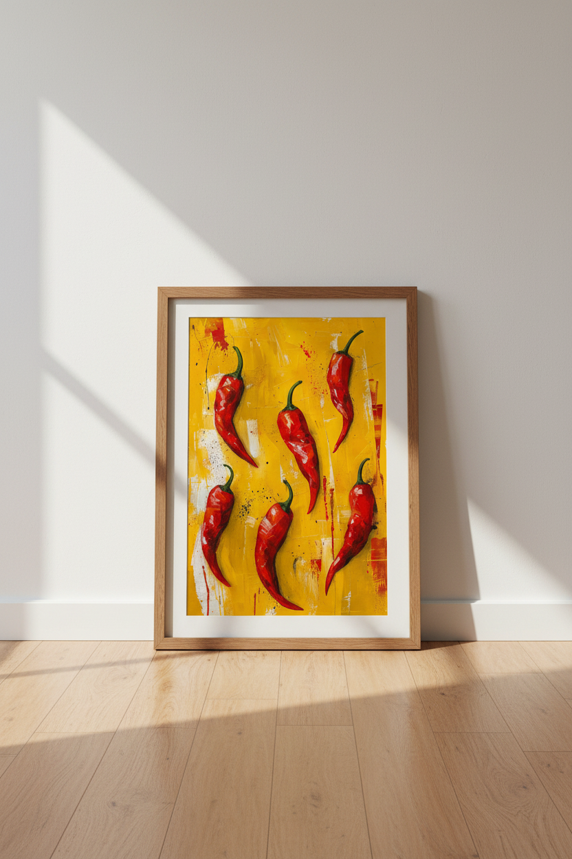 Red Chili Peppers Oil Painting | Kitchen Wall Art | Vibrant Yellow Poster
