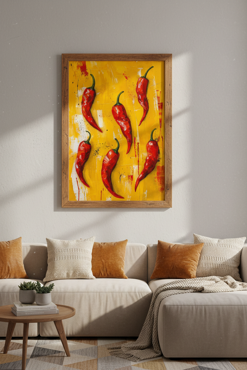 Red Chili Peppers Oil Painting | Kitchen Wall Art | Vibrant Yellow Poster