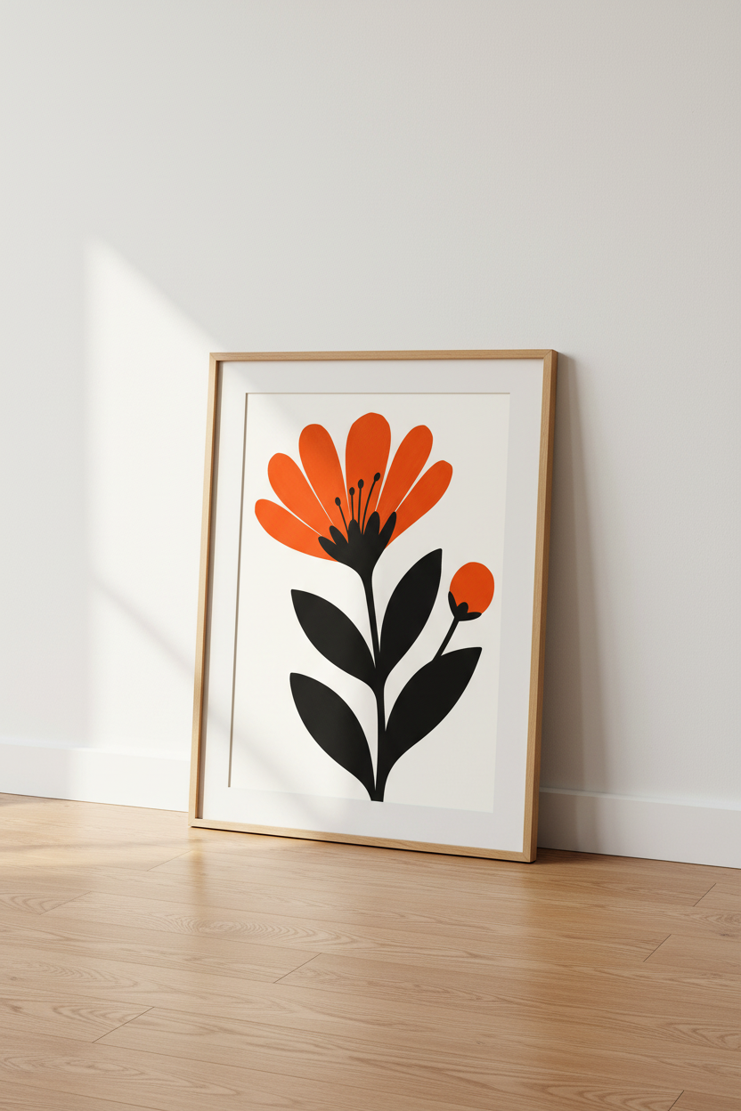 Modern Floral Poster | Bold Orange & Black Art, Living Room Decor
