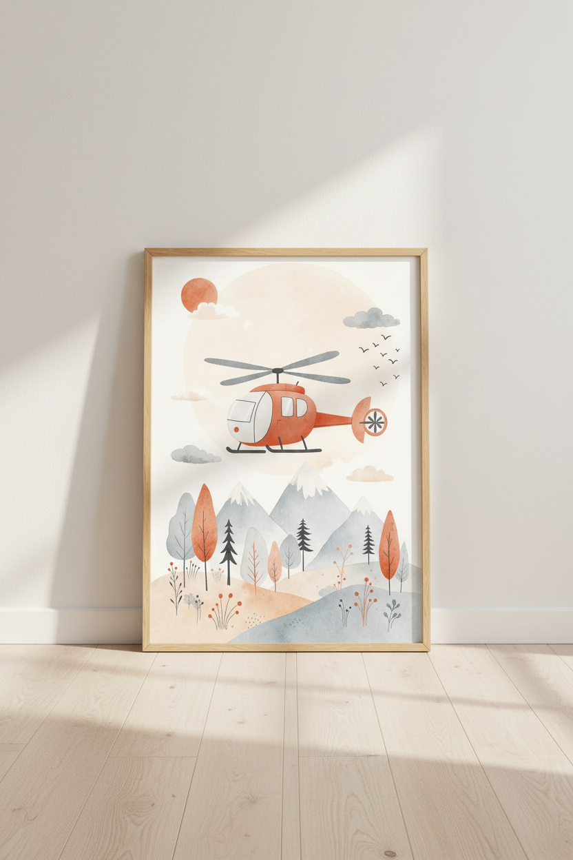 Watercolor Helicopter Wall Art Print | Nursery Decor | Boho Adventure Poster
